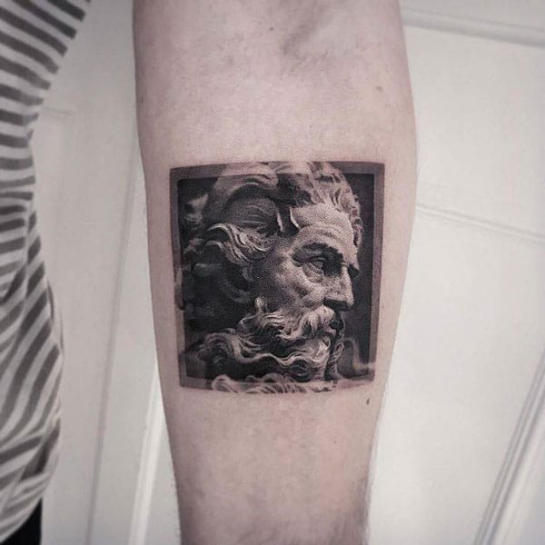 Square small tattoo of Zeus. Trendy black and white realism tattoo. 