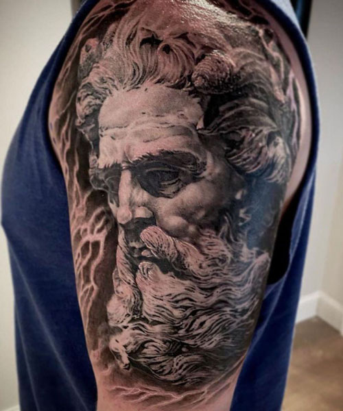 Tell Tale Heart Tattoo - Zeus and gladiator chest panel and shoulder by  Shane Faulkner . . . . . #telltalehearttattoo #tattoo #tattoos #chestattoo # zeus #zeustattoo #gladiator #warrior #blackandgreytattoo #blackandgrey  #moon #ink #