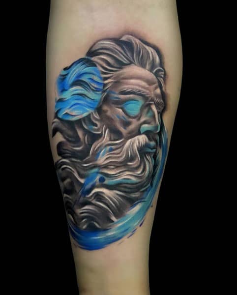 Abstract Art of Zeus tattoo with fun blue colors. 