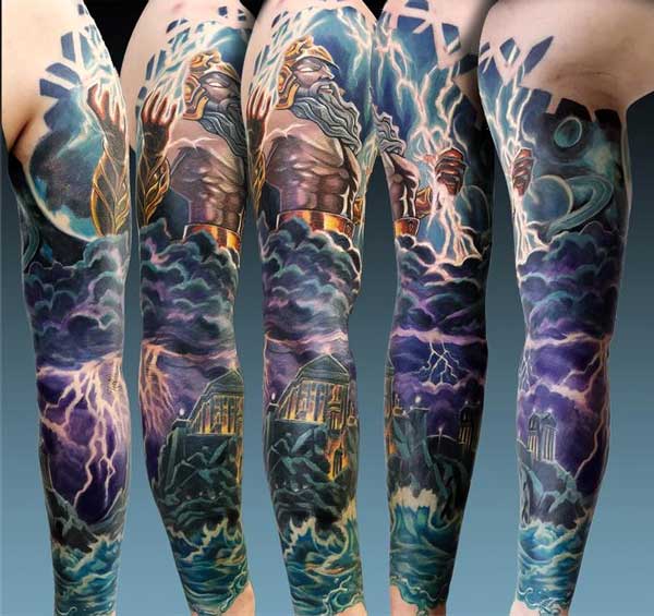 Color tattoo of Zeus ruling the world. 
