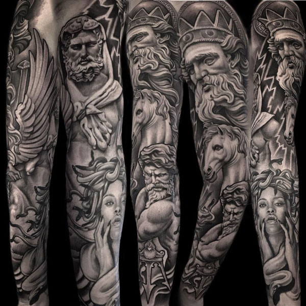 Black and gray tattoo of multiple Greek gods such as Medusa. Zeus is on the top with a crown.