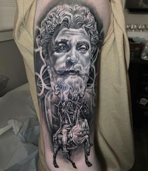 Zeus Tattoo with linework background and Greek warrior on a hoarse in the foreground. 