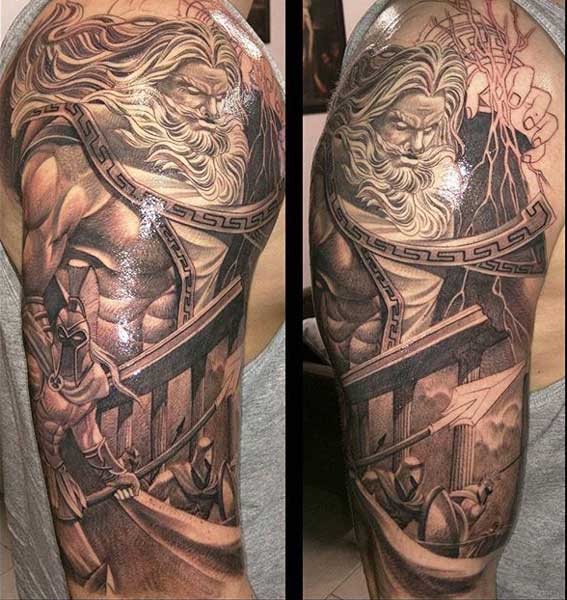 Huge half sleeve tattoo of Zeus wielding a lighting bolt and some warriors ready for battle.