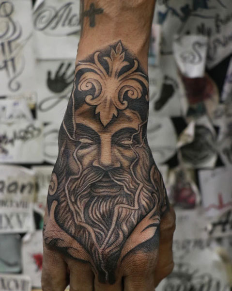Detailed Zeus tattoo.