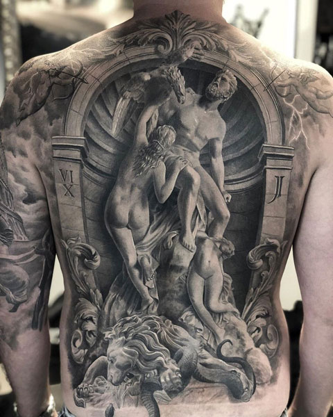Full back tattoo of Greek mythology. 