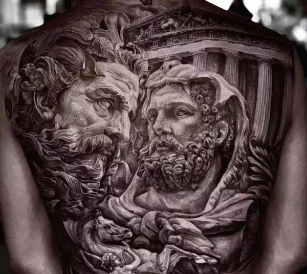 Large back tattoo of old Greek mythology and Zeus.