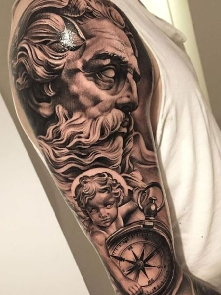 Zeus sleeve tattoo with a angel baby and a clock.