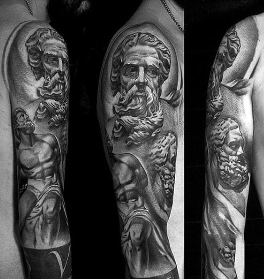 Zeus half sleeve tattoo with multiple tattoos of Zeus combined. 