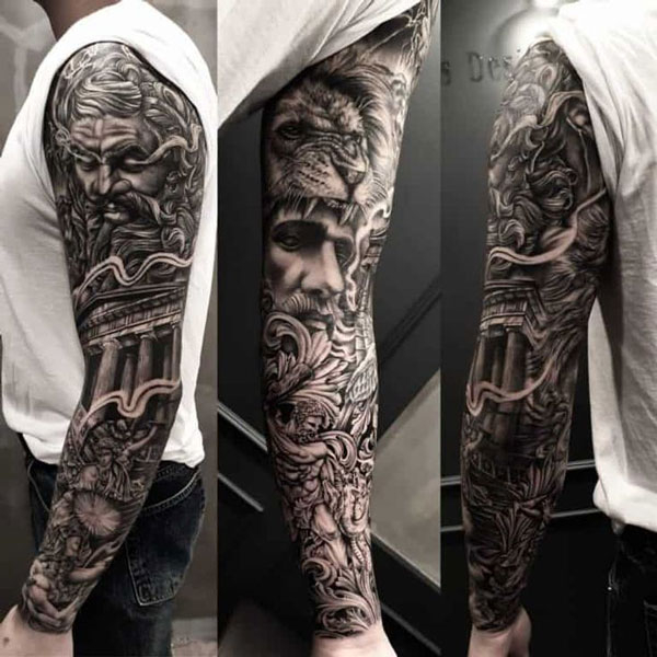 Extremely detailed Zeus tattoo with tons of different Greek mythology spread around the tattoo.