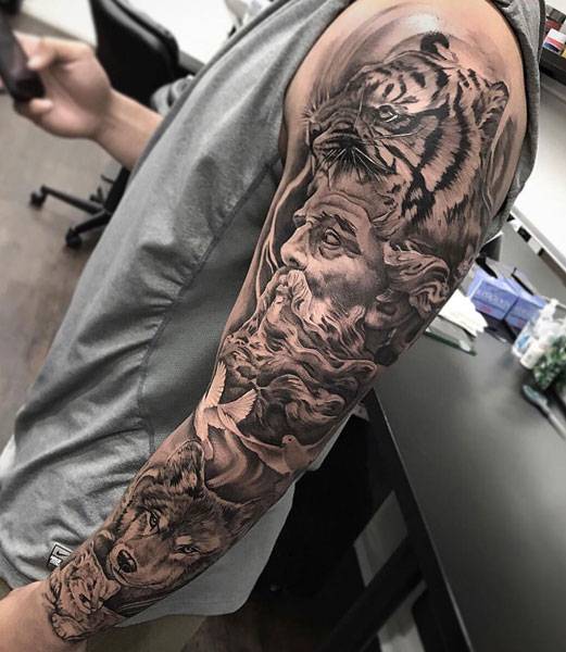 Zeus Sleeve Tattoos With Tiger.