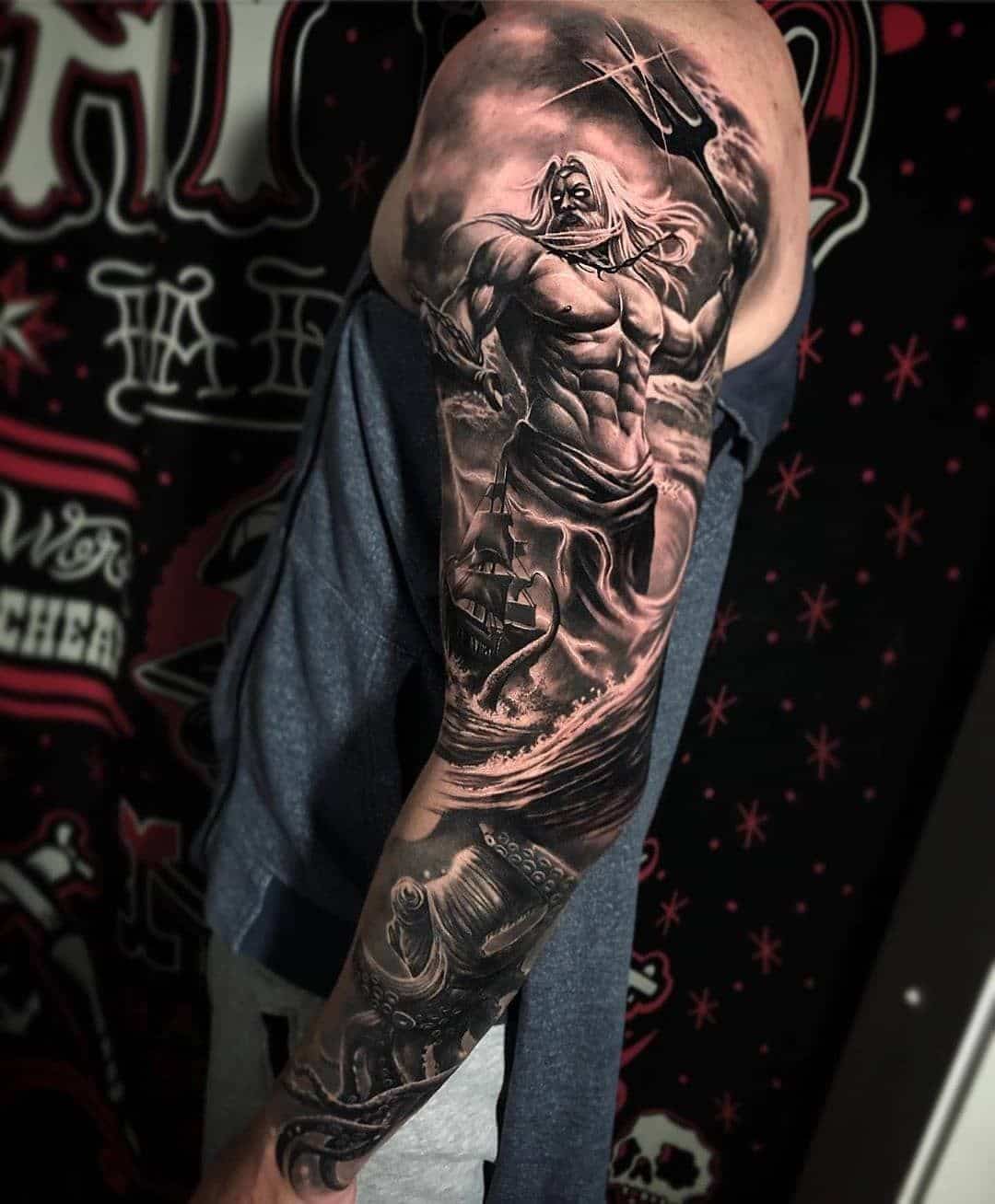 Zeus sleeve tattoo with ocean and octopus. 