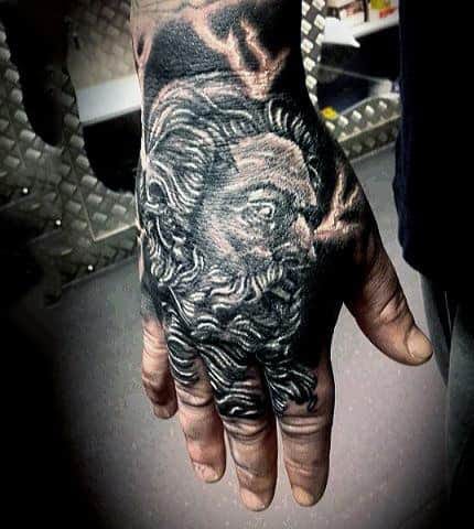 black and gray Greek god tattoo for guys on hands. Hands of Zeus Tattoos.