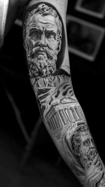 Full sleeve tattoo of multiple Greek mythology figures. 
