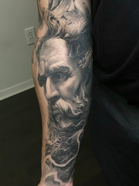 Zeus tattoo statue sculpture mythology Greek god black and grey tattoo portrait realistic realsim Vlogigurl.